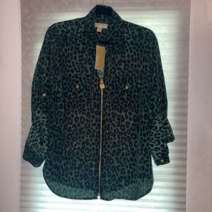 MICHAEL Michael Kors Green Leopard Button Up Blouse